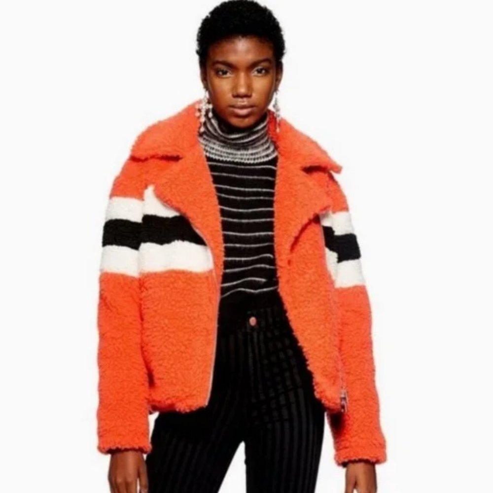 NWT Topshop Petites Orange Teddy Sherpa Fleece Jacket Women Size 0 New With Tags